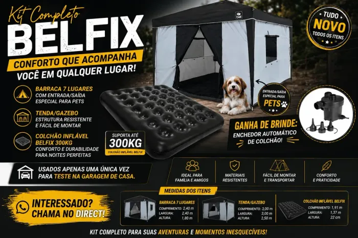 KIT COMPLETO BELFIX CAMPING - BARRACA + GAZEBO + COLCHÃO INFLÁVEL