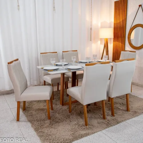 Mesa de Jantar 160×80 Vidro Off/Base Madeira + 6 Cad. Madeira rf32