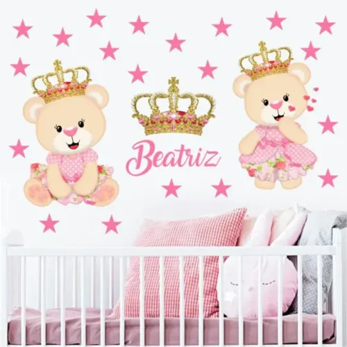 Adesivo de parede decorativo duas ursas princesas quarto de bebê meninas