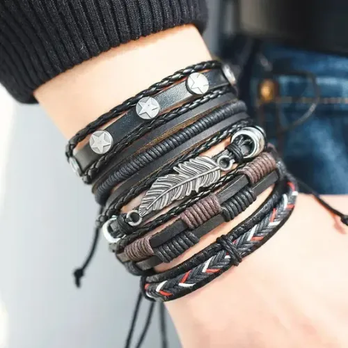 Kit 5 Pulseiras Masculinas Couro Ajustável