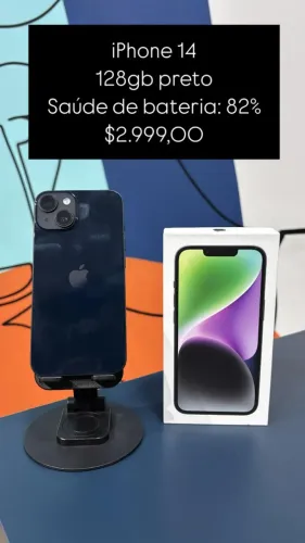 iPhone 14 / 128GB / preto / Saúde de bateria 82% / R$ 2.999,0/ loja fisica