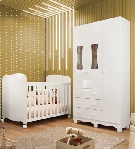 Guarda Roupa Luna 3 portas e Berço Lumi Americano Móveis Peroba