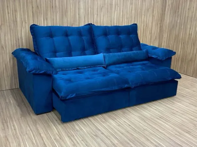 Sofá Retrátil 2 Lugares 180cm Molas Bonnel D28 Veludo Azul