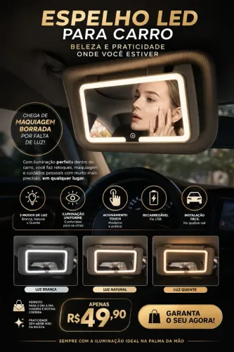 ESPELHO VEICULAR DE LED PARA MAQUIAGEM