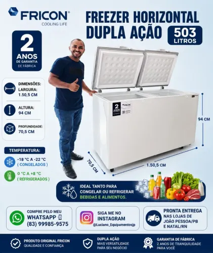 FREEZER HORIZONTAL DUPLA AÇÃO 503 LITROS FRICON 