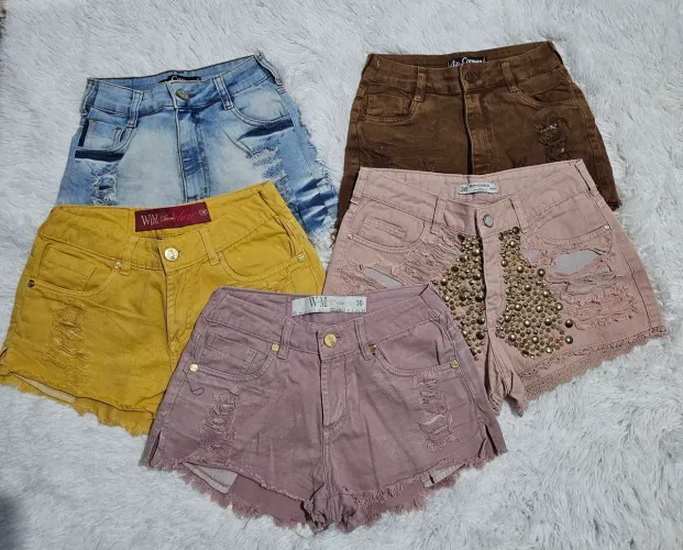 Kit Lote 5 Shorts Femininos Tam 36 - Jeans e Sarja Colorida