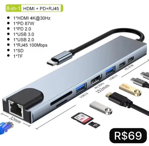 Multi splitter 8 in 1 USB C - Produto Novo