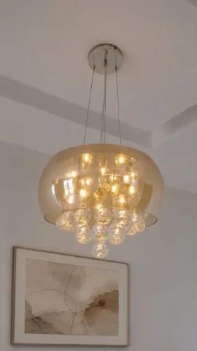 Lustre / Luminária Pendente com Cristais e Cúpula Âmbar