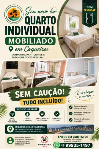 Quarto Individual Mobiliado em Coqueiros