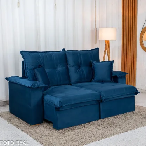Sofá Retrátil Reclinável Bela 2.00m Veludo Azul Entrega Rápida