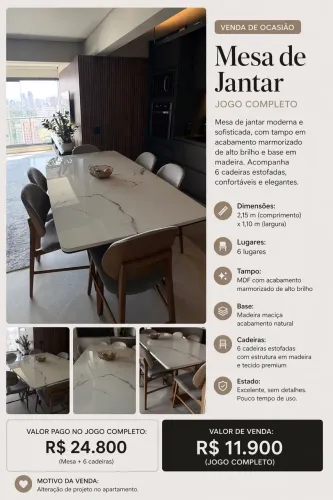 MESA DE JANTAR MODERNA | 6 LUGARES | TAMPO MARMORIZADO | JOGO COMPLETO