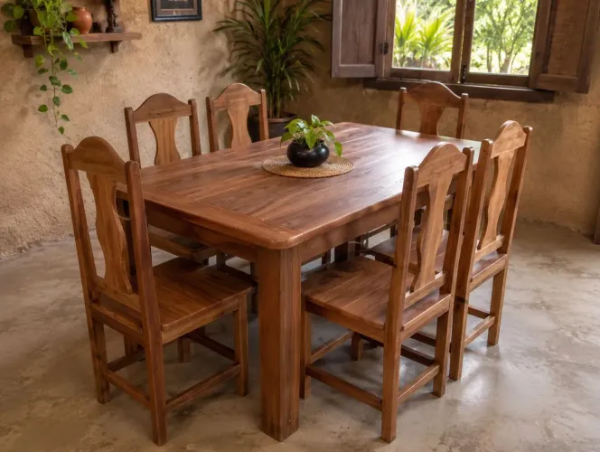 Jogo de mesa com 6 cadeiras trabalhadas em madeira de lei com garantia e acabamento fino 