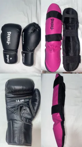 Kit Muay Thai / Boxe Completo - Luvas 14oz + Caneleiras + Protetor Bucal