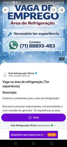 Vaga para auxiliar de Refrigeração