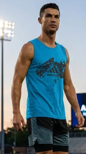 Oferta: Camiseta regata esportiva Dry-Fit azul p/ treino, academia, esportes, etc