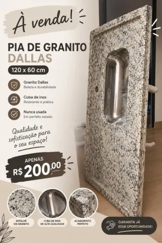 Pia de Granito Dallas 120x60cm com Cuba de Inox - Nova / Nunca Usada