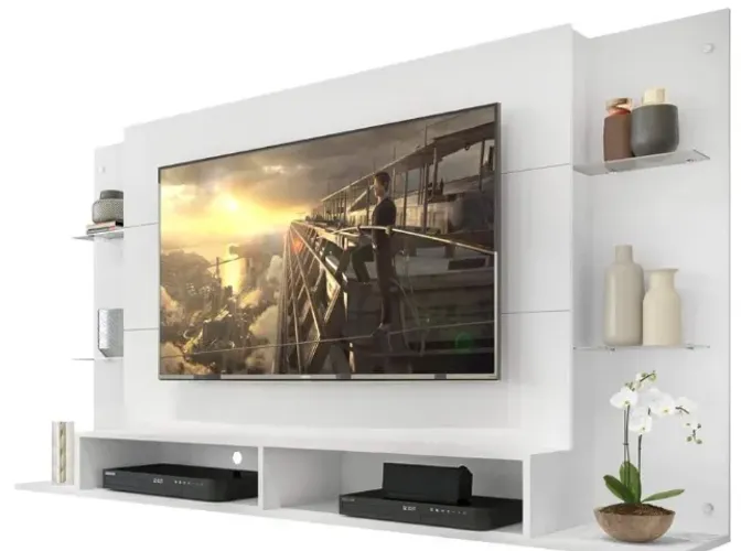 Painel de TV Branco Moderno c/ Prateleiras de Vidro - Até 60 Polegadas