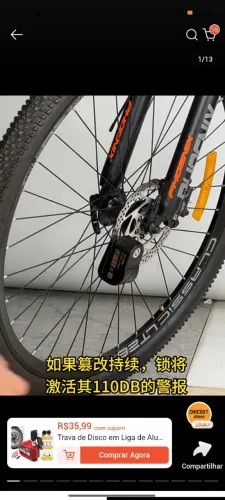 Trava disco com alarme bike e moto