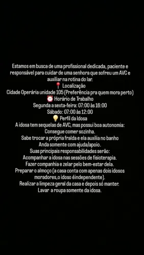 Cuidadora de idosos/ Auxiliar doméstica 