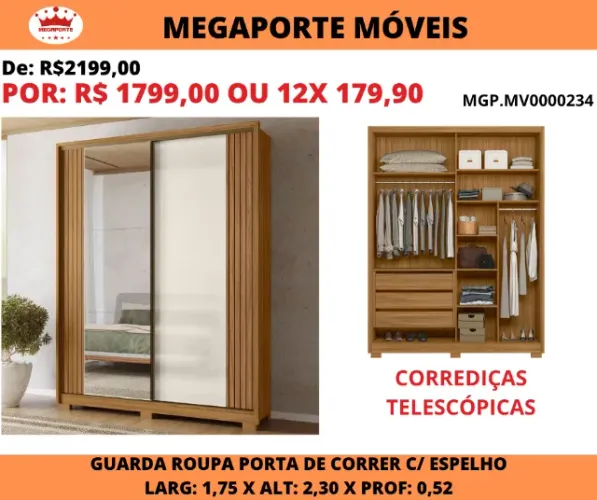 Guarda Roupa Solteiro 1,75 Portas de Correr C/Espelho