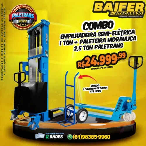 Empilhadeira Semi-Elétrica 1 Ton + Paleteira Hidráulica 2,5 Ton Paletrans