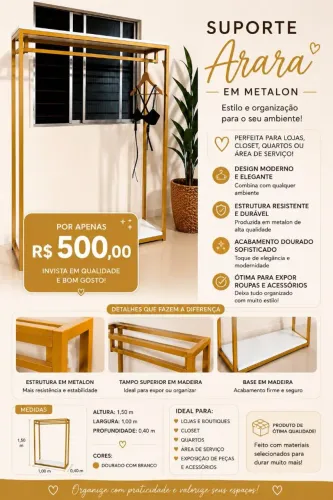 Arara/Suporte para Roupas em Metalon Dourado com Base e Tampo em Madeira