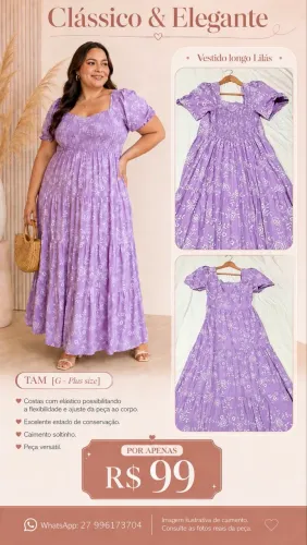 Vestido Longo Lilás Floral Plus Size G - Feminino