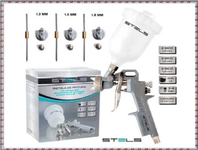 Pistola Pintura Gravidade 600ml e 3 Bicos 1.2 1.5 1.8 Stels