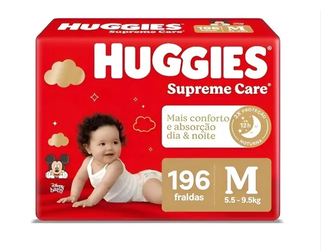 Fraldas Huggies Supreme Care | Máxima proteção 196 Unidade Tamanho M | R$ 0,82 / Unid