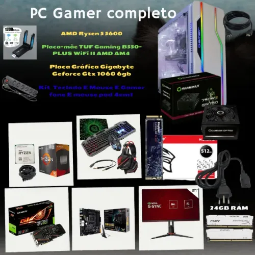 Pc gamer AMD Ryzen 5 5600 + placa de vídeo 1060 6gb Ram + Monitor Gamer AOC 27 Full HD+24G