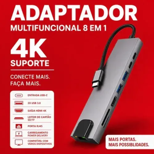 Hub USB-C 8 em 1 Tomate MTV-619 com HDMI 4K, RJ45, USB 3.0, Leitor SD/TF e PD 100W