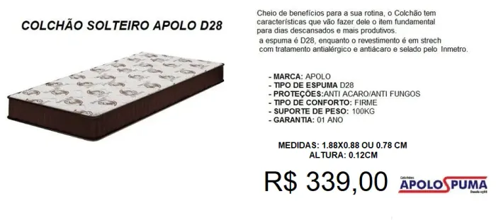 colchao solteiro apolo D28- compre hoje e receba em ate 72 horas