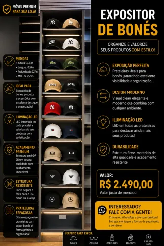Expositor de Bonés MDF 25mm com LED - Móvel Premium para Loja