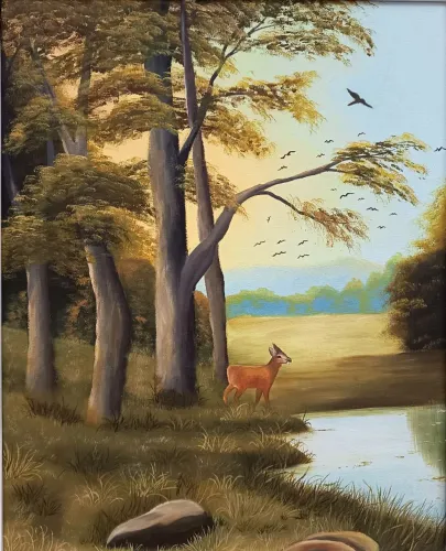 Pintura original em óleo sobre tela, intitulada Floresta Encantada. Obra de 40×50 cm