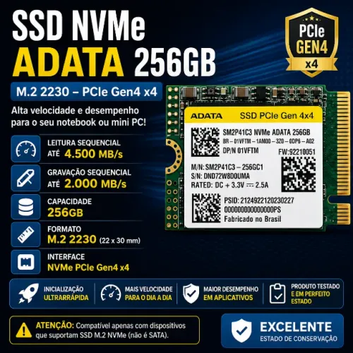 SSD NVMe ADATA 256GB M.2 2230 PCIe 4.0 Original | Testado | Excelente Estado