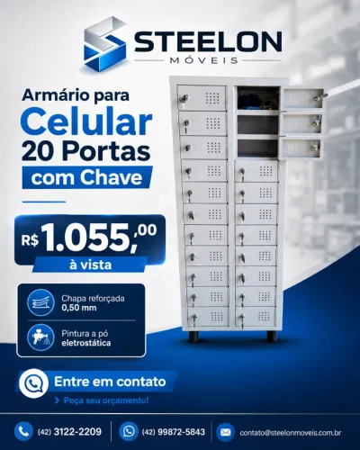 Armário para Celular 20 Portas com Chave | Steelon Móveis