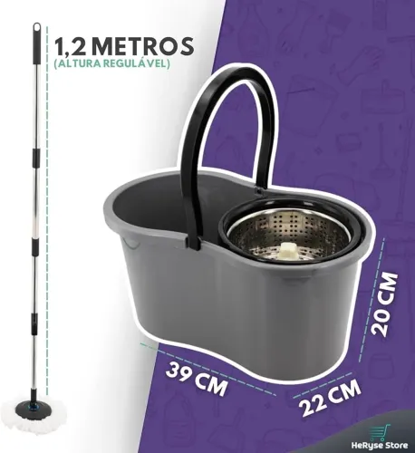Mop com Balde Giratório Cesto em Inox, 9 Litros Lava e Seca com 2 Refis de Microfibra