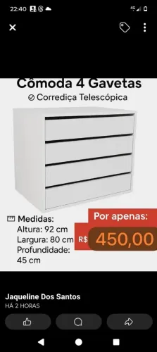 CÔMODA 4 GAVETAS CORREDIÇAS TELESCÓPICAS MDF NOVO