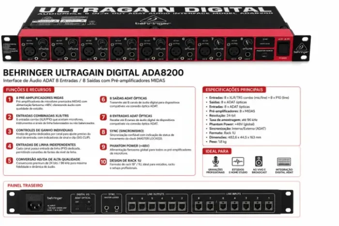 Pré-amplificador Behringer ADA8200 phono de 8 canales