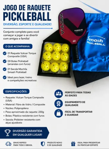 Jogo de Pickleball Completo - Raquete Vulcan + 9 Bolas + Sacola
