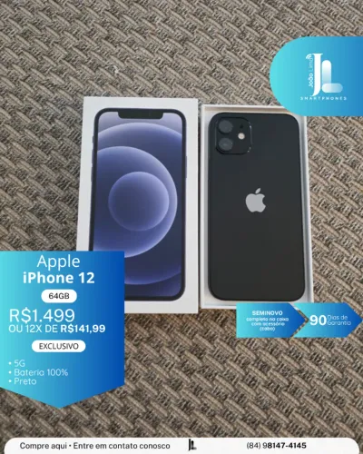 IPHONE 12, 64GB, PRETO, BAT 100%, SEMINOVO, EXCLUSIVO!