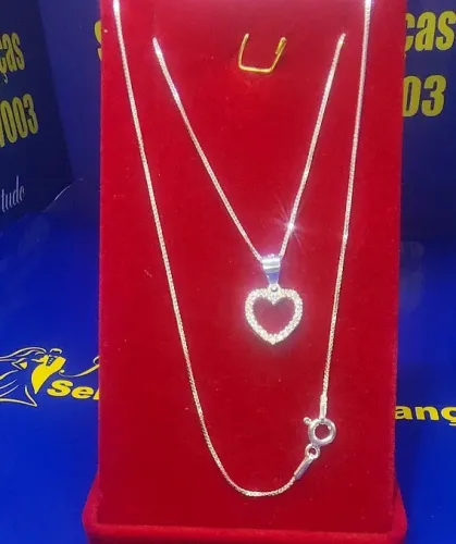 Conjunto Gargantilha 45 Cm 0.50 mm Prata 925 Pingente Coração Pedras Zircônia Peso Total 2