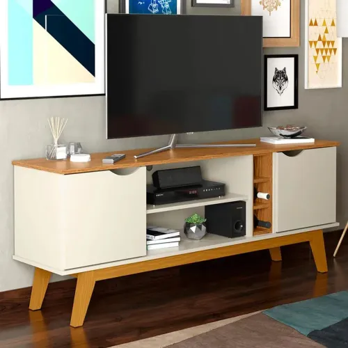 Rack Patrimar Marselha com 160 cm de Largura, Ideal para TV de até 50" - Off White/Cedro