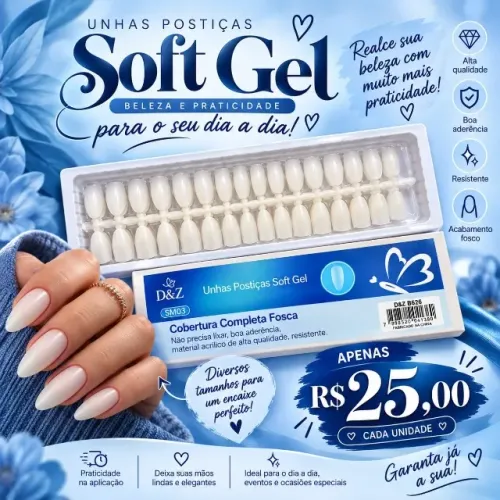 Unhas Postiças Soft Gel - Almond - Bailarina - D&Z - Cobertura Completa Fosca