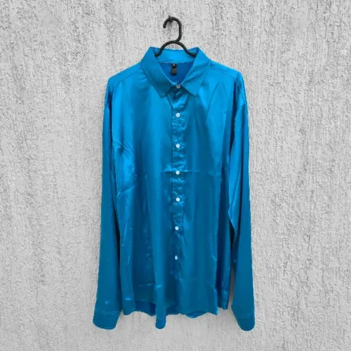 Camisa Social Masculina Azul Turquesa Cetim | Manga Longa Brilhante | Tam GG/XL