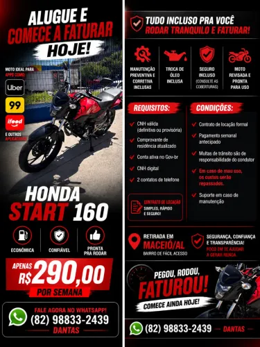 ALUGUEL DE MOTO HONDA CG START 160 2026 - COMPLETA E PRONTA PRA TRABALHO