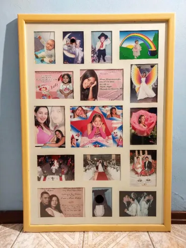 Quadro Polifoto para múltiplas fotos.Moldura bege, vidro,paspatur para assinaturas,ganchos