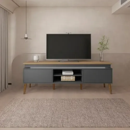 RACK RETRÔ COM PES EM MADEIRA MACIÇA - COM LED EMBUTIDO - PARA TV ATÉ 75"