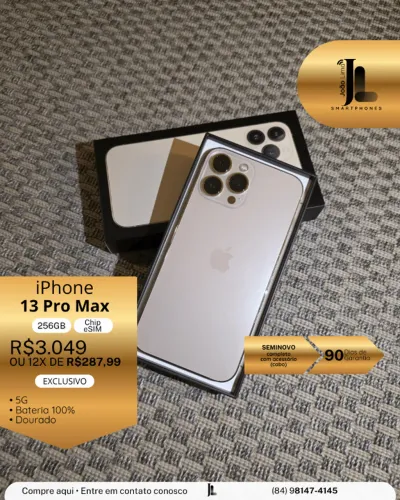 IPHONE 13 PRO MAX, 256GB, CHIP ESIM, DOURADO, SEMINOVO, EXCLUSIVO!