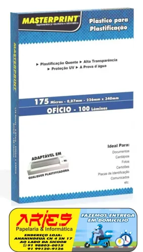 PLASTICO PARA PLASTIFICAÇÃO POLASEAL OFICIO 175 MICRAS 100 UNIDADES MASTERPRINT